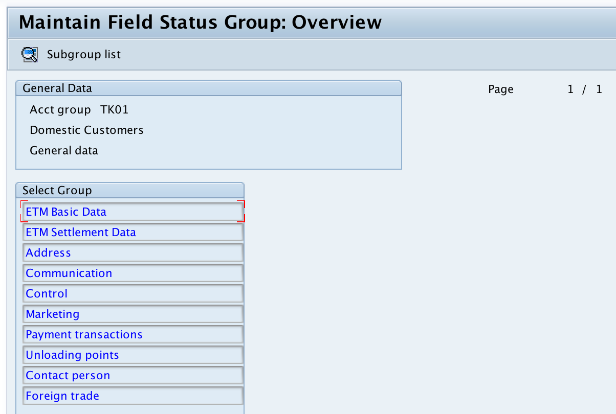 Customer Account Groups General Data field status