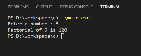 C Factorial Program Output