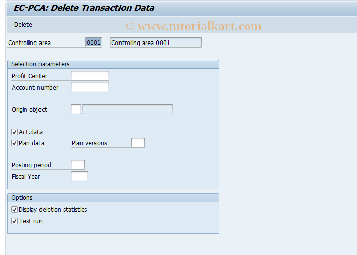 SAP TCode 0KE1 - EC-PCA: Delete Transaction Data