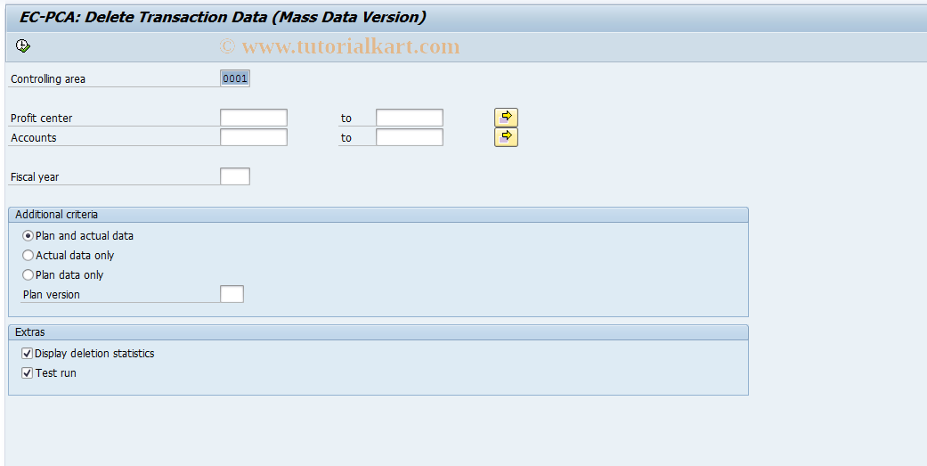 SAP TCode 0KE3 - EC-PCA: Delete Transaction Data (Background)