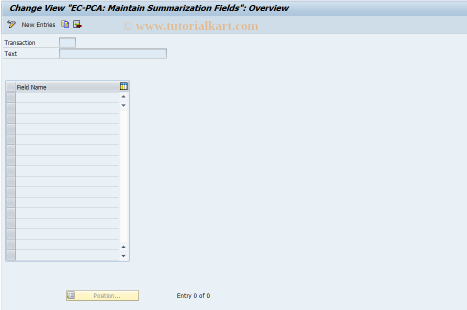 SAP TCode 0KE8 - EC-PCA:Maintain Summarization Fields