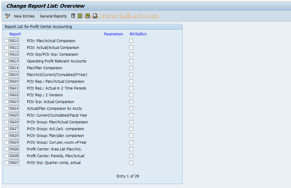 SAP TCode 0KEH - EC-PCA: Report List