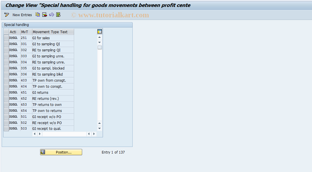 SAP TCode 0KEN - Special handling, Profit Center goods movement