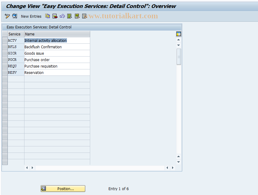 SAP TCode 0KEX4 - Detail Control Execution Services