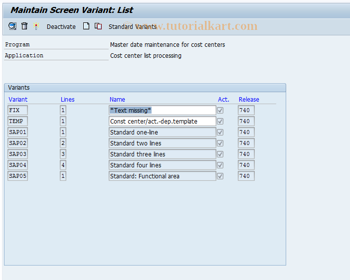 SAP TCode 0KM1 - CO Variant Maintenance: Cost Centers