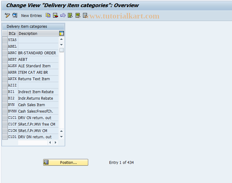 SAP TCode 0VLP - Customizing delivery item categories