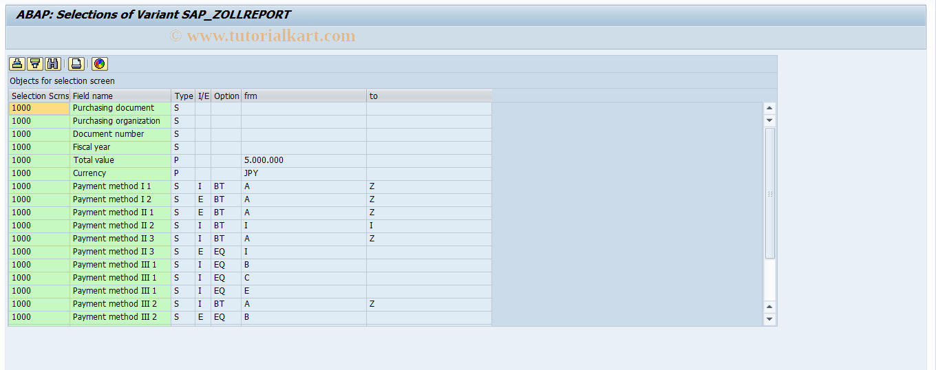 SAP TCode 0VX2 - Selection variants - Customs declaration JP