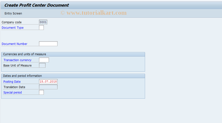 SAP TCode 1KEL - EC-PCA: Create Document