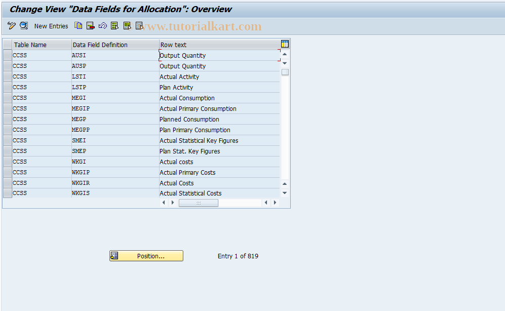 SAP TCode 2KE2 - PrCtr: Field group definition