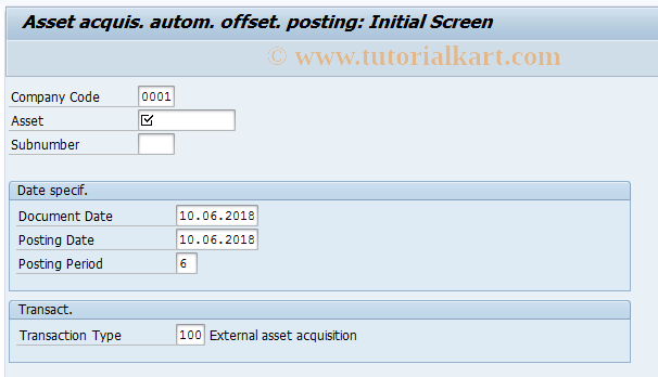 SAP TCode ABZO - Asset  acquisition  automatic offset posting