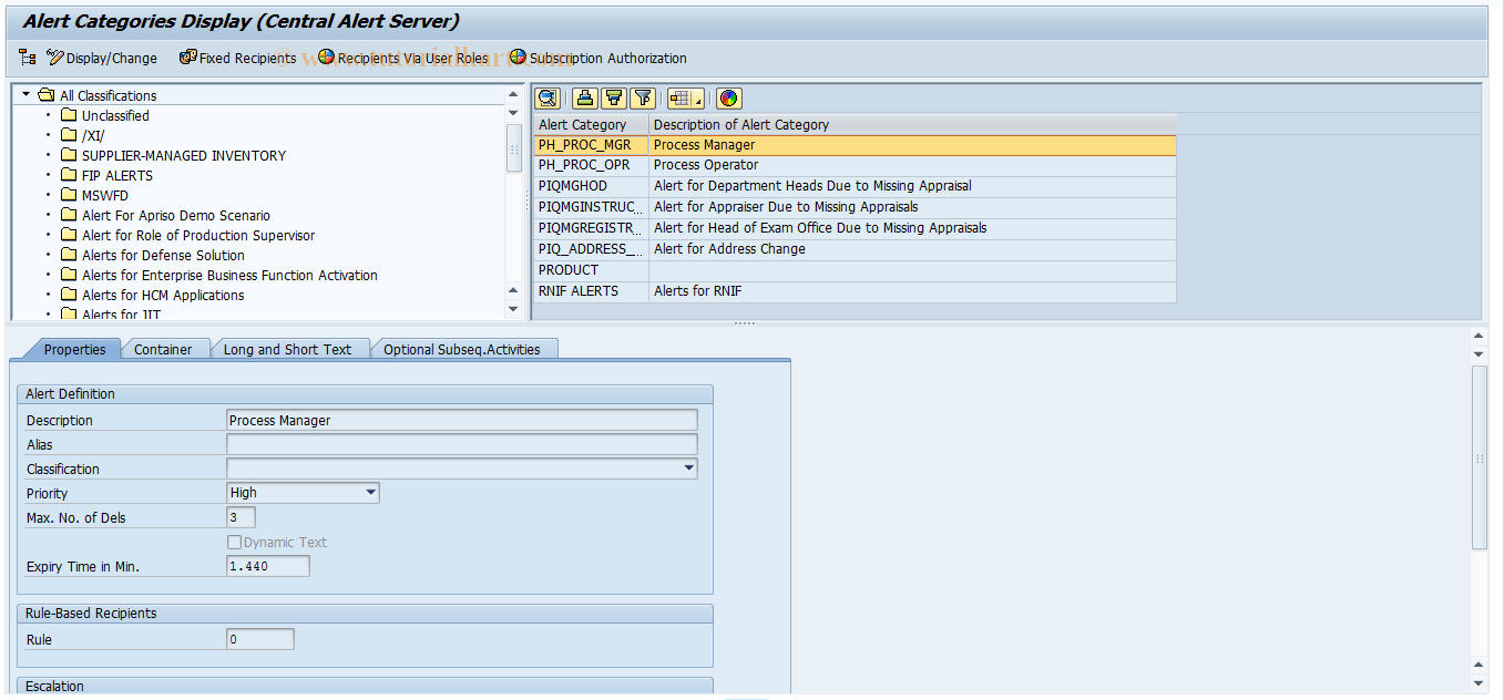 SAP TCode ALRTCATDEF - Editing Alert Categories