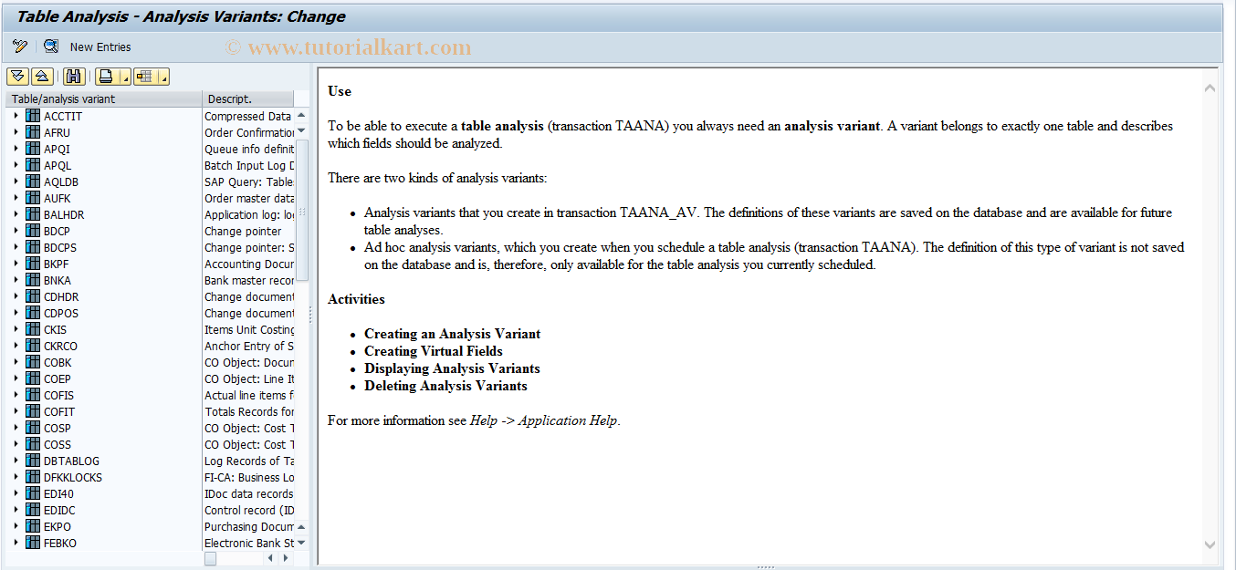 SAP TCode ANA_VAR - Table Analysis: Analysis Variants