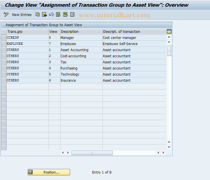 SAP TCode ANSICHT00 - Assignment  Transaction Group - Asset View