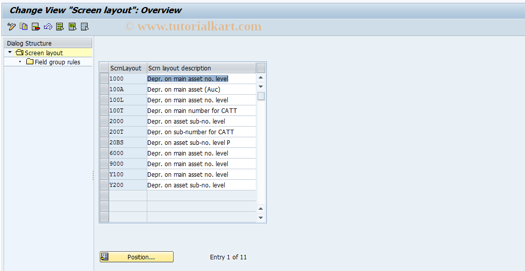 SAP TCode AO21 - Screen layout for depreciation areas