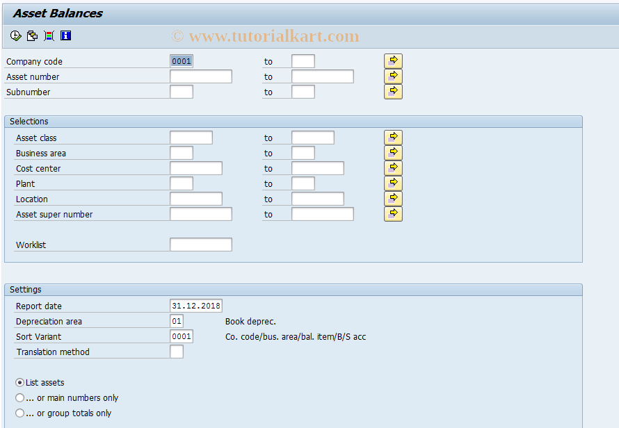 SAP TCode AR01 - Call Asset List