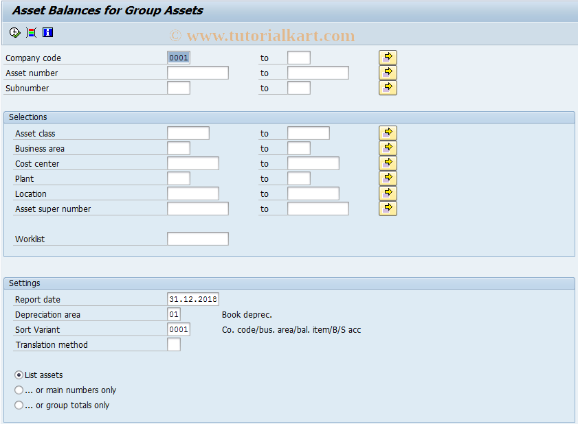 SAP TCode AR27 - Call up: Group asset list