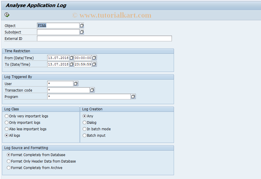 SAP TCode ARAL - Display Application Log