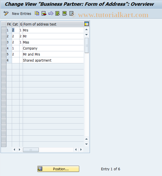 SAP TCode BC01 - Business Partner: Form of Address