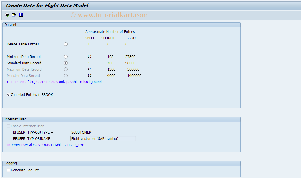 SAP TCode BC_DATA_GEN - Create Data for Flight Data Model