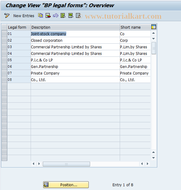 SAP TCode BUC8 - BP Cust: Legal Form of Organization