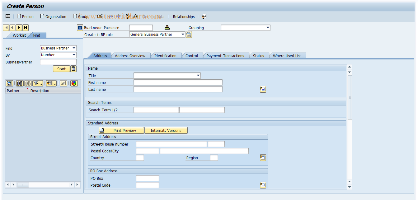 SAP TCode BUG1 - Create Business Partner, General