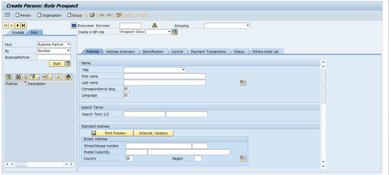 SAP TCode BUI1 - Create Prospect