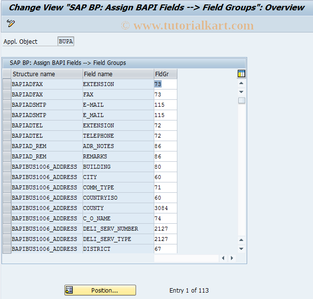 SAP TCode BUS11 - BDT: Assgn BAPI Field to Field Group