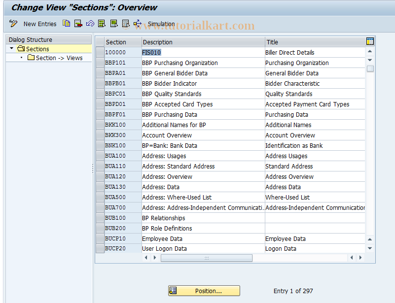 SAP TCode BUS4 - BDT: Sections