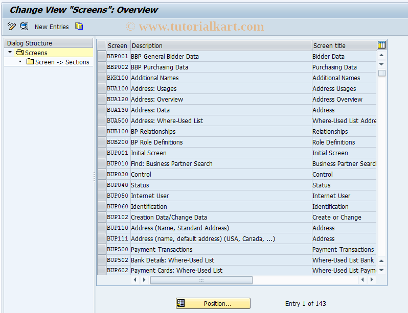 SAP TCode BUS5 - BDT: Screens