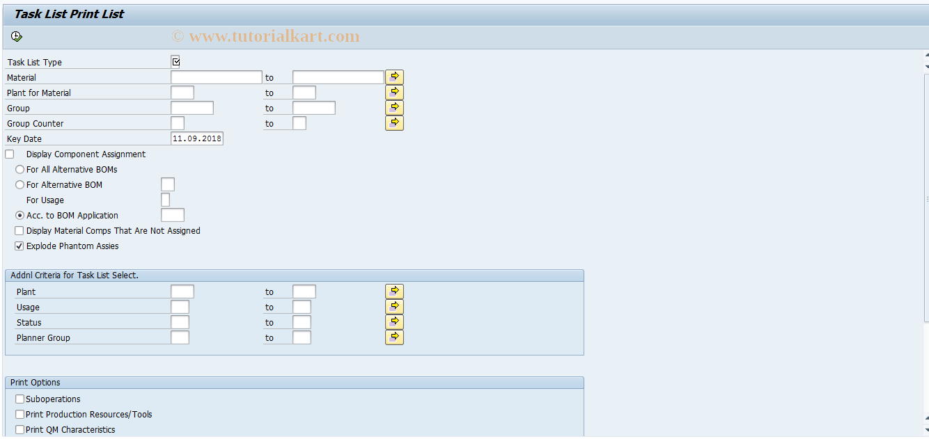 SAP TCode CA51 - Print Rtg/ Reference Operation Set, Fields Fixed