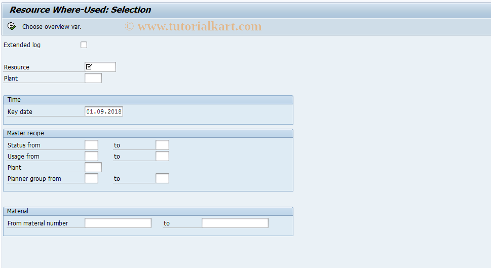 SAP TCode CA81 - Master recipe usage and resources