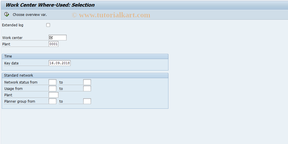 SAP TCode CA83 - Standard Networks for Work Center