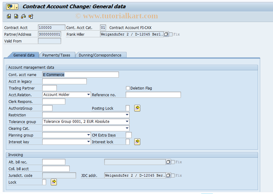 SAP TCode CAA2 - Change Contract Account