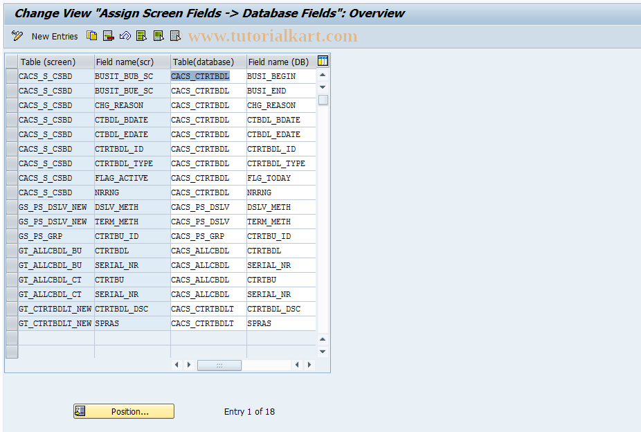 SAP TCode CACS_CSB0011 - CSB Ctrl: Assign Scrn Field-> DB Field