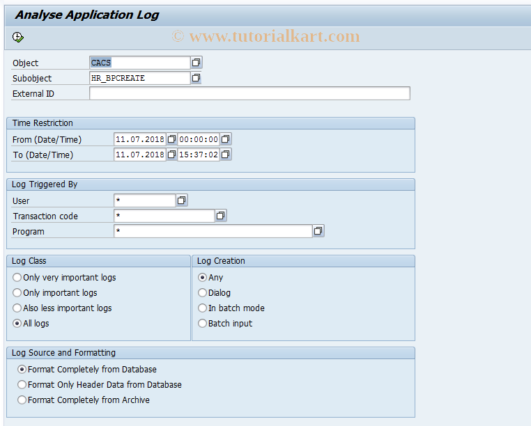 SAP TCode CACS_DISPHRBPCREATE - Display HR-BP Link Logs