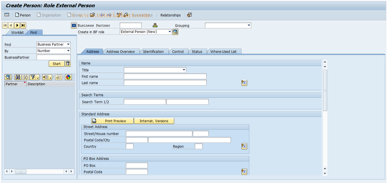 SAP TCode CBHR11 - EHS-INT: Create External Person