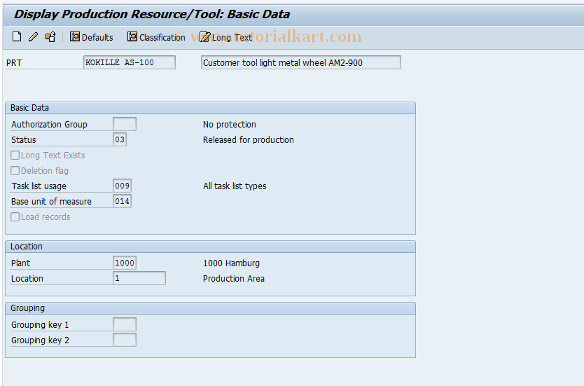 SAP TCode CF01 - Create Production Resource/Tool