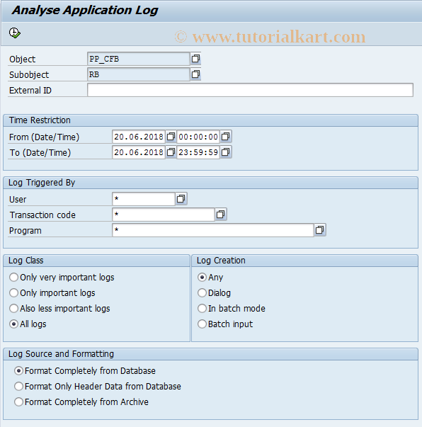 SAP TCode CFB_RB_APPL_LOG - CFB RBQ Application Log