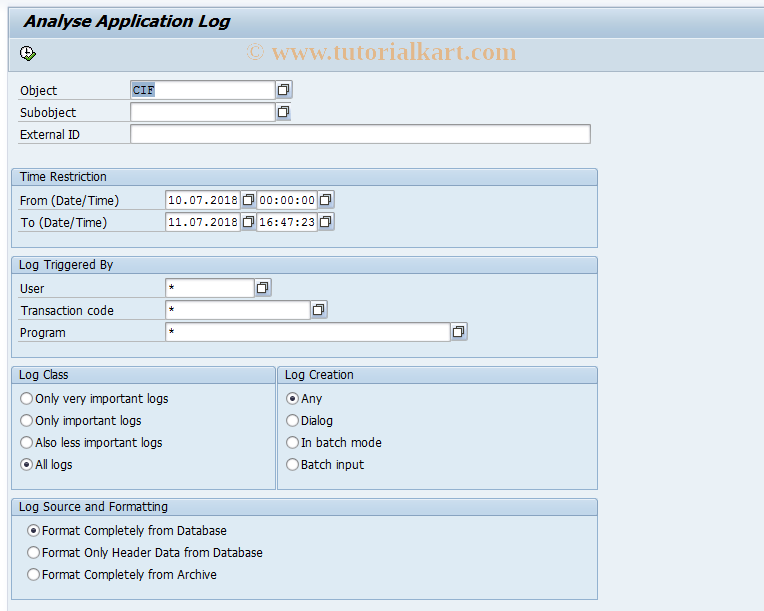 SAP TCode CFG1 - Display CIF Application Log