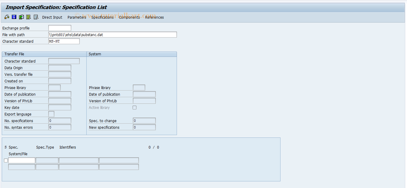 SAP TCode CG33 - Import Specifications