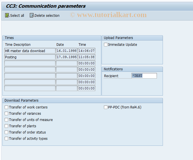 SAP TCode CI31 - Communication parameters for PM