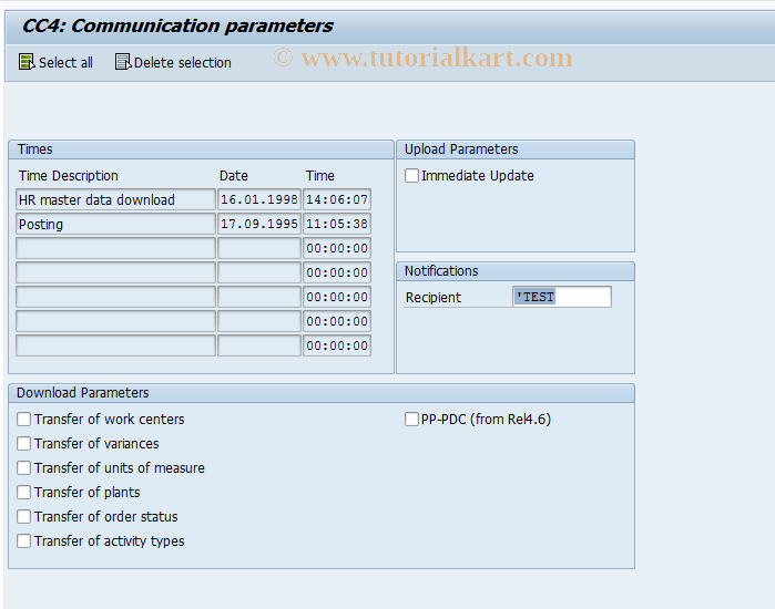 SAP TCode CI36 - Communication parameters for PS