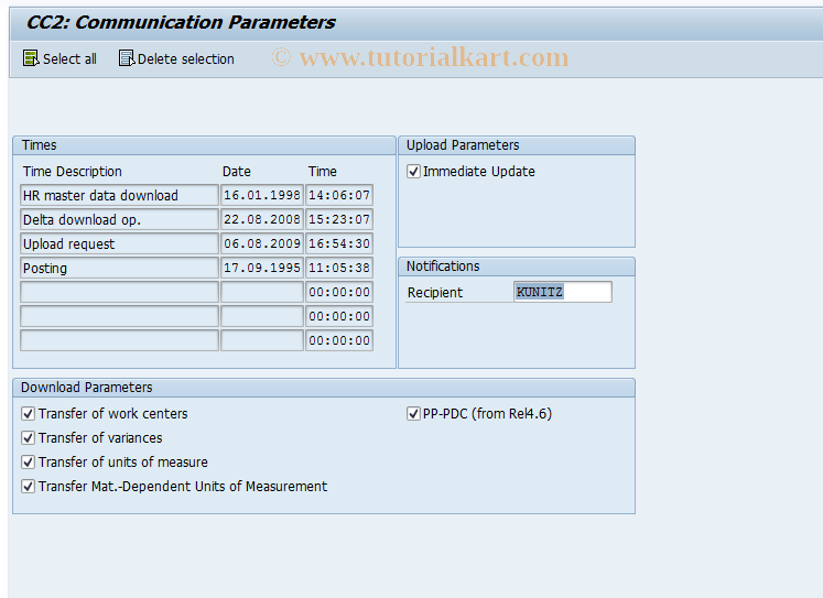 SAP TCode CI41 - Communication parameters for PP