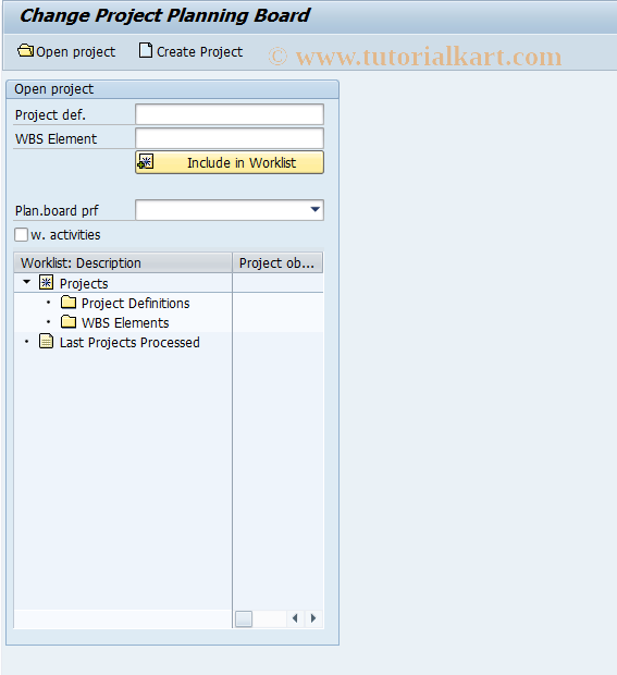 SAP TCode CJ2B - Change project planning board