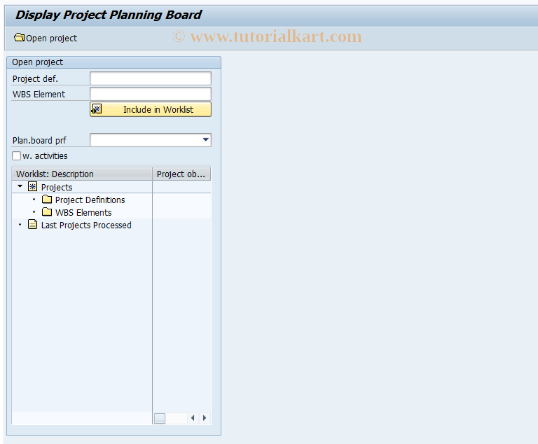 SAP TCode CJ2C - Display project planning board