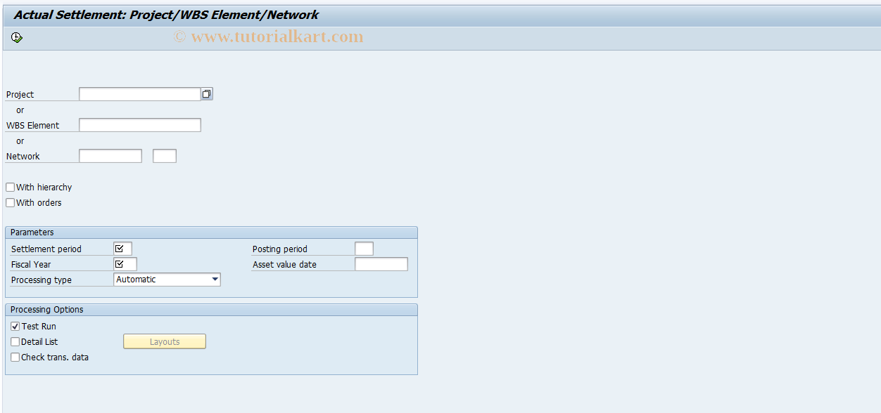 SAP TCode CJ88 - Settle Projects and Networks