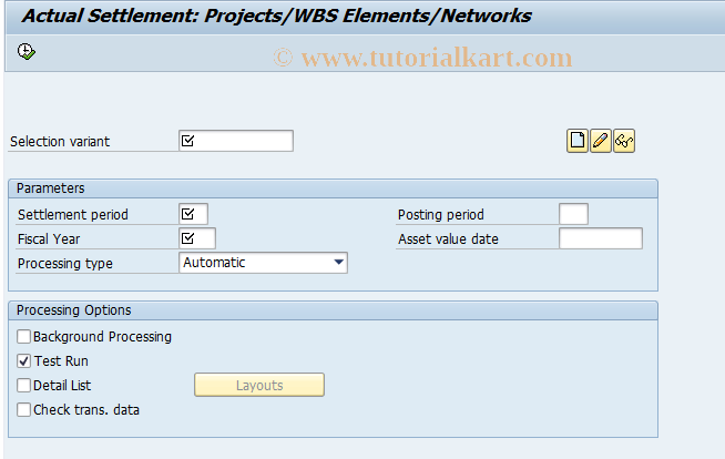 SAP TCode CJ8G - Actual Settlement: Projects/Networks