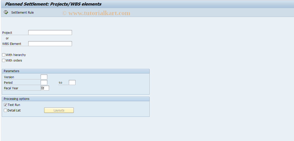 SAP TCode CJ9E - Plan Settlement: Projects