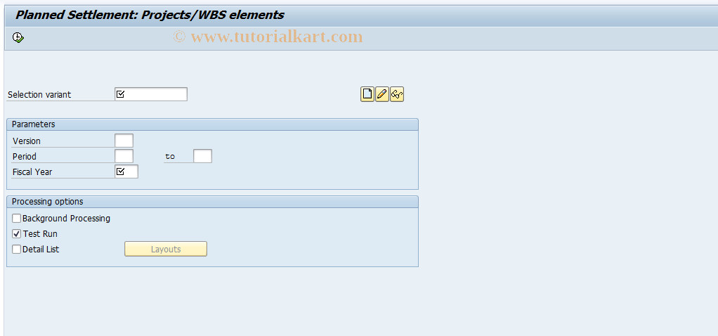 SAP TCode CJ9G - Plan Settlement: Projects