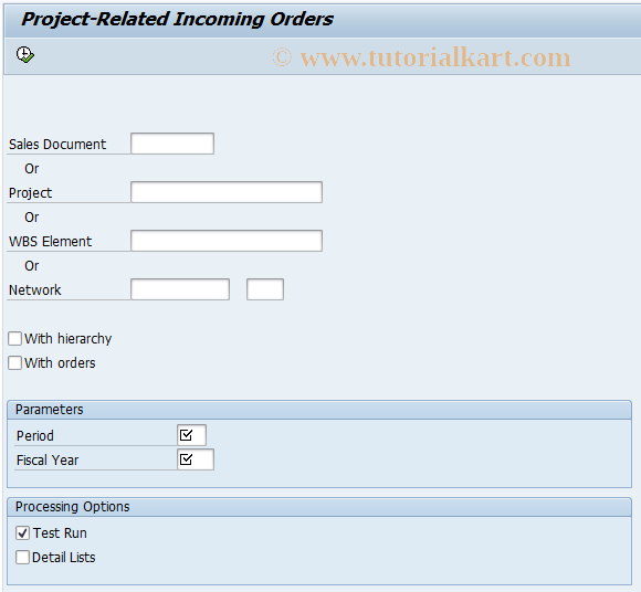 SAP TCode CJA2 -  Project Relative Order Receipts: Indicator Procurement 